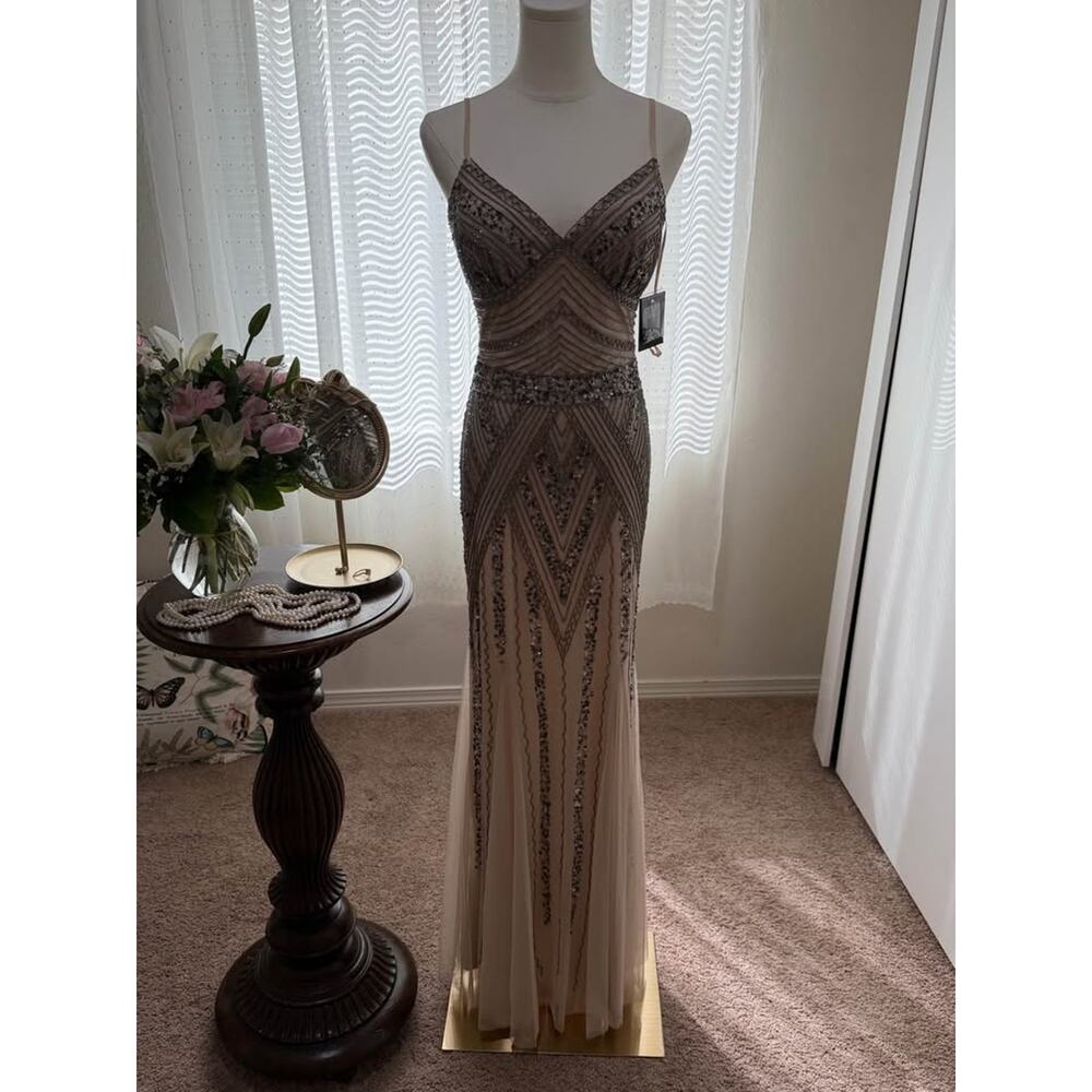 Prom Dress Size 2 – Nude Champagne Beaded Gown ✨ Marina NWT